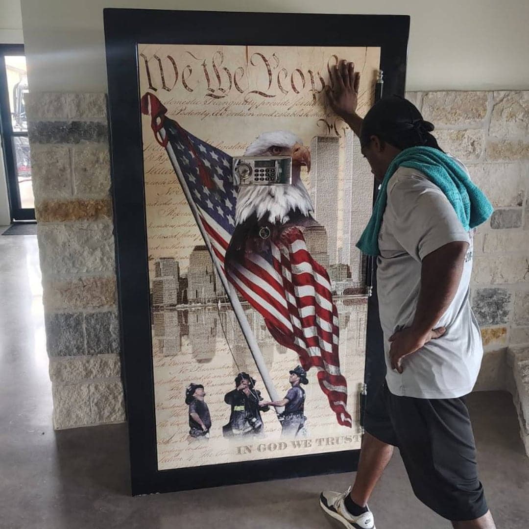 Gun safe secured with straps in a moving vehicle